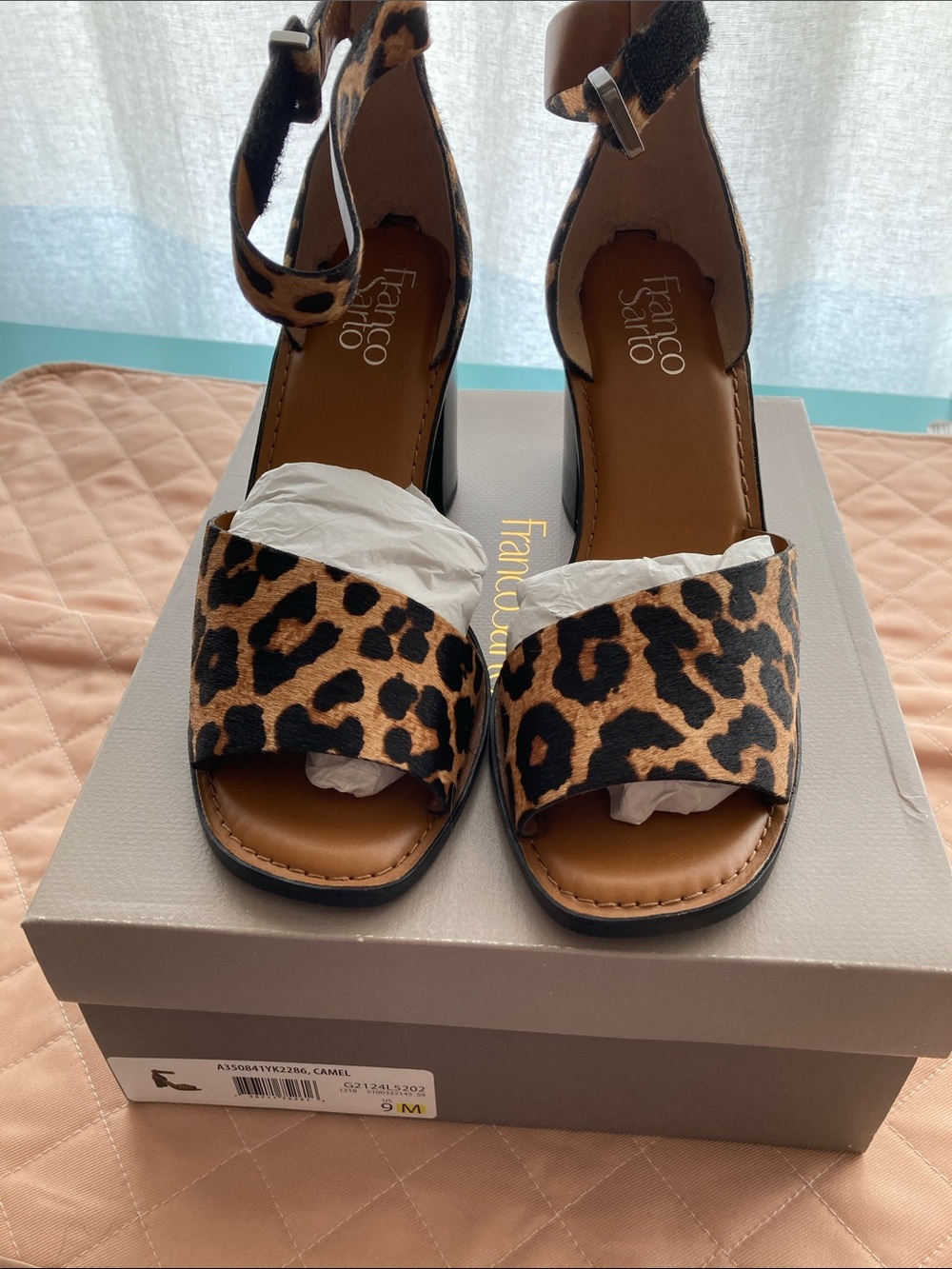 Franco Sarto Leopard Print Block Heel Sandals - Camel/Black size 9M